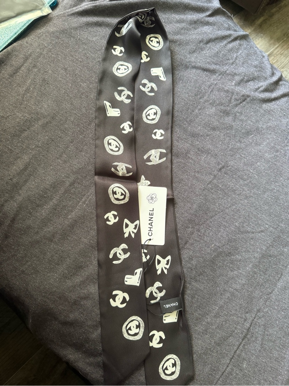 Black Silk Logo Motif Skinny Scarf